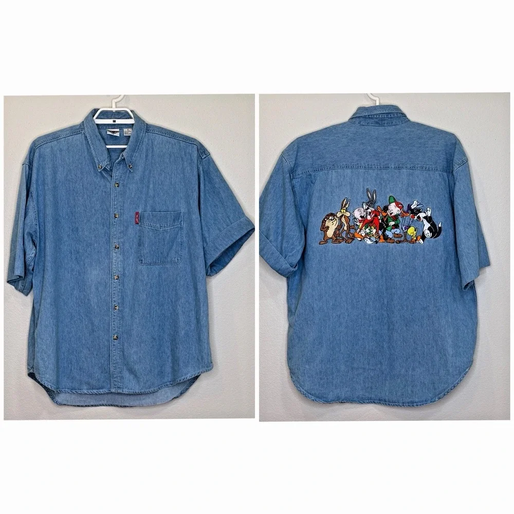 Vintage Denim Looney Tunes Acme Clothing Co. Embroidered Button Up Shirt Size XL